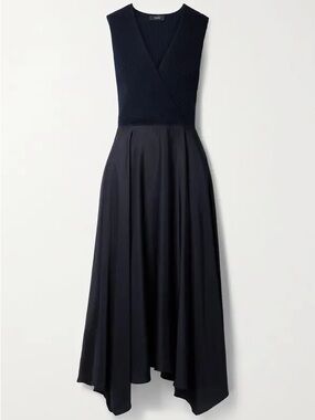 Theory Black Wrap-Effect Ribbed-Knit‎ and Satin-Twill Midi Dress